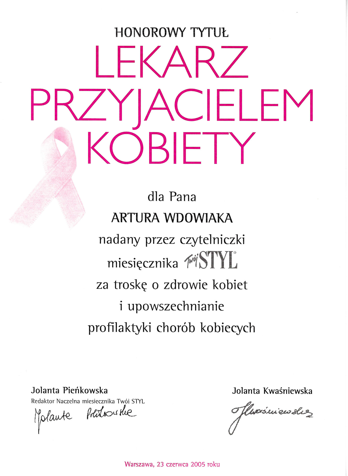 Dyplom - Lekarz przyjacielem kobiet